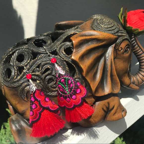 Beautiful Floral Boho Embroidered Tassel Earrings - Picture 5 of 8